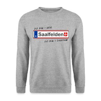 Saalfelden - do bin i her - do bin i dahoam - Unisex Pullover - Weißgrau meliert - Vorne - Alina (178cm) & Michal (187cm)