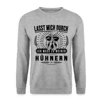 Hühner Hühnern Lustiges Huhn mit Sonnenbrille - Unisex Pullover - Weißgrau meliert - Vorne - Alina (178cm) & Michal (187cm)