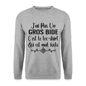 J'ai Pas Un Gros Bide C'est Le Tee-Shirt mal foutu - Sweat-shirt Unisexe - gris chiné - Devant - Alina (178cm) & Michal (187cm)