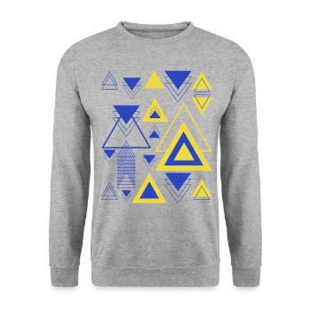 Dreiecke Minimalistische Geometrie Blau Gelb - Unisex Pullover - Weißgrau meliert - Vorne - Alina (178cm) & Michal (187cm)
