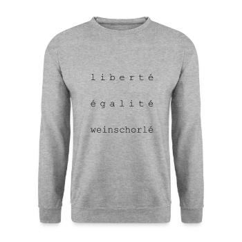 Liberte Egalite Weinschorle Spruch - Unisex Pullover - Weißgrau meliert - Vorne - Alina (178cm) & Michal (187cm)