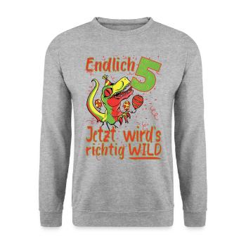 5. Geburtstag T-rex Trex 5 Jahre Dino Dinosaurier - Unisex Pullover - Weißgrau meliert - Vorne - Alina (178cm) & Michal (187cm)