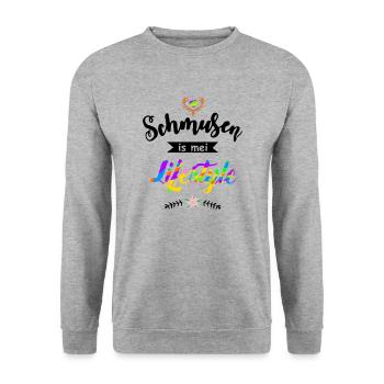 Schmusen is mei Lifestyle - Flirten Küssen Kiss me - Unisex Pullover - Weißgrau meliert - Vorne - Alina (178cm) & Michal (187cm)