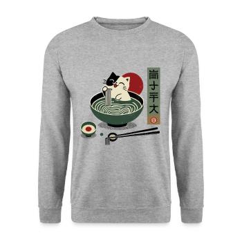 Kawaii Ramen Cat : Nouilles japonaises Ukiyo-E - Sweat-shirt Unisexe - gris chiné - Devant - Alina (178cm) & Michal (187cm)