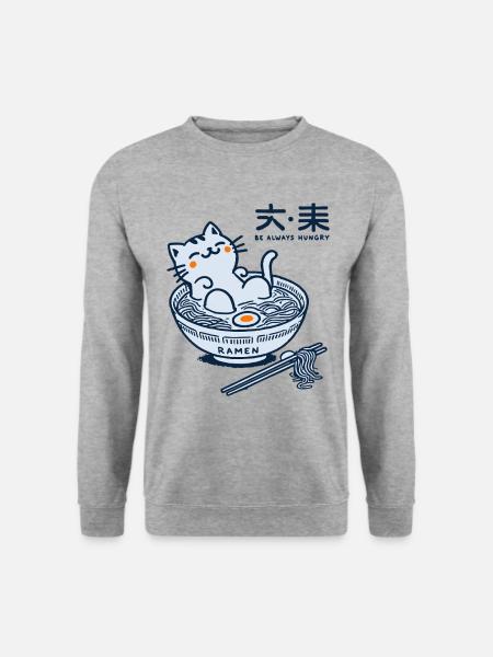 Kawaii Ramen Katze Japanische Streetwear Kunst - Unisex Pullover - Weißgrau meliert