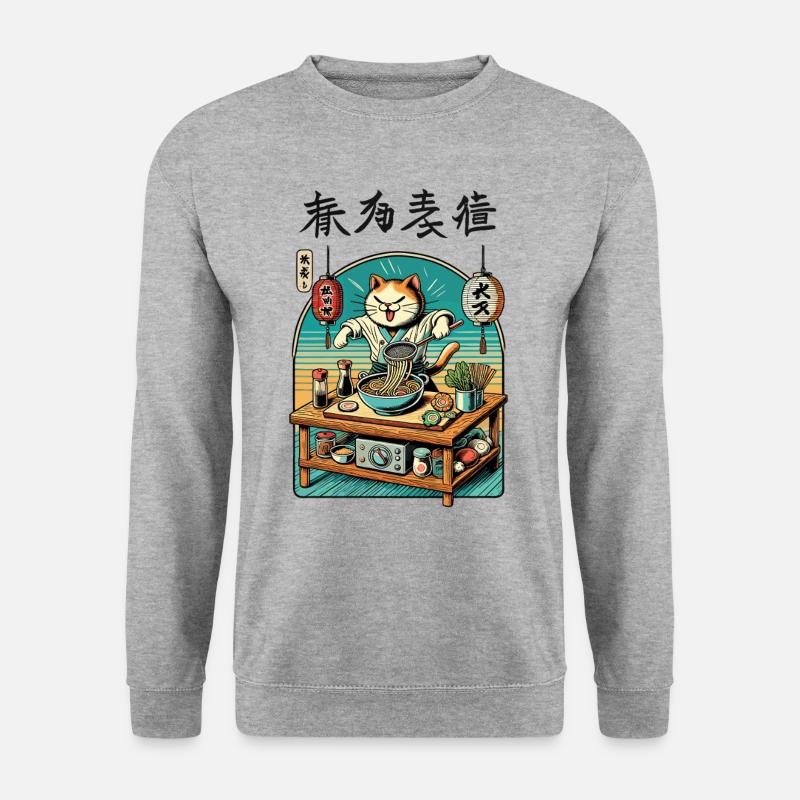 Kawaii Ramen Chefkoch Katze Japan Ukiyo-E Retro - Unisex Pullover - Weißgrau meliert