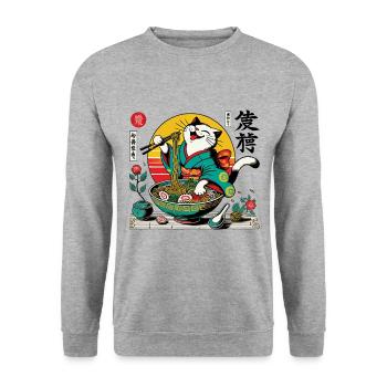 Japanese Retro Ukiyo-E Ramen Noodles Streetwear - Unisex Sweatshirt - salt & pepper - Front - Alina (178cm) & Michal (187cm)