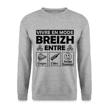 vivre en mode breizh entre Crepes cidre humeur,BZH - Sweat-shirt Unisexe - gris chiné - Devant - Alina (178cm) & Michal (187cm)