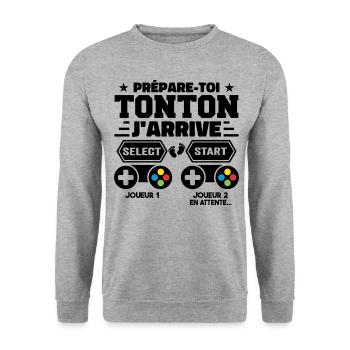 Prépare-toi Tonton J'arrive - Annonce Grossesse - Sweat-shirt Unisexe - gris chiné - Devant - Alina (178cm) & Michal (187cm)