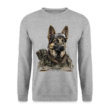 Deutscher Schäferhund als Soldat - Unisex Pullover - Weißgrau meliert - Vorne - Alina (178cm) & Michal (187cm)
