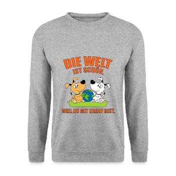 DIE WELT IST SCHÖN, WEIL DU MIT DRAUF BIST. HUNDE - Unisex Pullover - Weißgrau meliert - Vorne - Alina (178cm) & Michal (187cm)