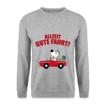 ALLZEIT GUTE FAHRT! - HUND - AUTO - FÜHRERSCHEIN - Unisex Pullover - Weißgrau meliert - Vorne - Alina (178cm) & Michal (187cm)