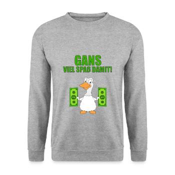 GANS - GELD - GANS VIEL SPAß DAMIT! - Unisex Pullover - Weißgrau meliert - Vorne - Alina (178cm) & Michal (187cm)