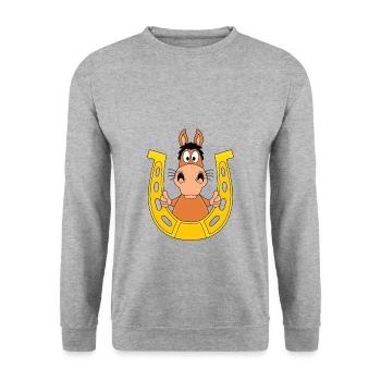 PFERD - HUFEISEN - LIKE - LIKEN - MÖGEN - TIERISCH - Unisex Pullover - Weißgrau meliert - Vorne - Alina (178cm) & Michal (187cm)