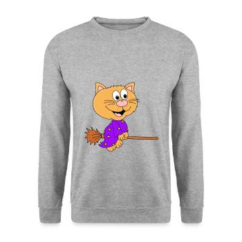 KATZE - HEXE - HEXENBESEN - TIER - KIND - BABY - Unisex Pullover - Weißgrau meliert - Vorne - Alina (178cm) & Michal (187cm)