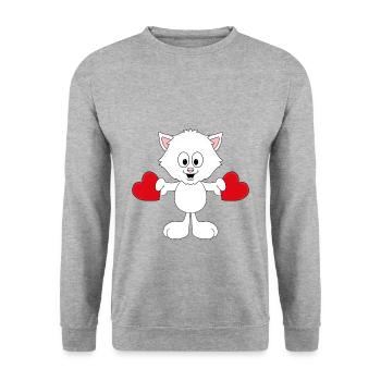 KATZE - CAT - LIEBE - LOVE - HERZEN - TIER - Unisex Pullover - Weißgrau meliert - Vorne - Alina (178cm) & Michal (187cm)