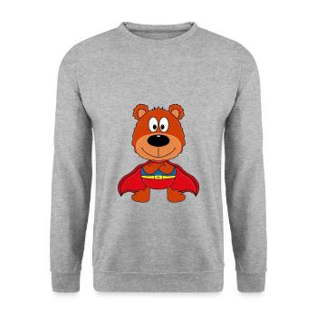 SUPERHELD - TEDDYBÄR - TEDDY - KIND - BABY - Unisex Pullover - Weißgrau meliert - Vorne - Alina (178cm) & Michal (187cm)