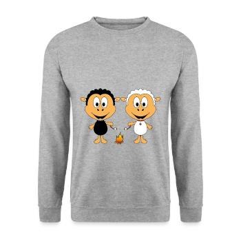 SCHAFE - SHEEPS - LAGERFEUER - MARSHMALLOWS - LOVE - Unisex Pullover - Weißgrau meliert - Vorne - Alina (178cm) & Michal (187cm)