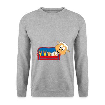 SCHAF - SHEEP - MÖHREN - GEMÜSE - ESSEN - SOFA - Unisex Pullover - Weißgrau meliert - Vorne - Alina (178cm) & Michal (187cm)