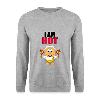 SCHAF - SHEEP - I AM HOT - FEUER - TIERISCH - Unisex Pullover - Weißgrau meliert - Vorne - Alina (178cm) & Michal (187cm)