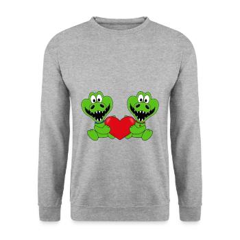 KROKODILE - TIERE - KIND - BABY - LIEBE - Unisex Pullover - Weißgrau meliert - Vorne - Alina (178cm) & Michal (187cm)