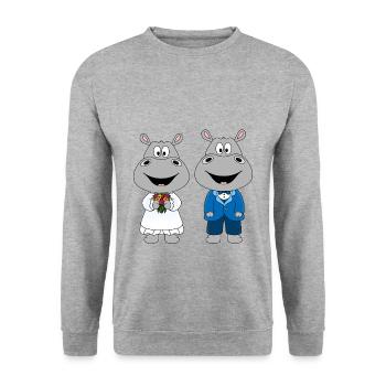 NILPFERDE - HOCHZEIT - HEIRATEN - LIEBE - TIERE - Unisex Pullover - Weißgrau meliert - Vorne - Alina (178cm) & Michal (187cm)