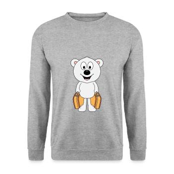EISBÄR - KOFFER - REISE - URLAUB - AUSWANDERER - Unisex Pullover - Weißgrau meliert - Vorne - Alina (178cm) & Michal (187cm)