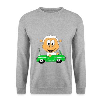 SCHAF - AUTOFAHRER - AUTO - CABRIO - TIER - FUN - Unisex Pullover - Weißgrau meliert - Vorne - Alina (178cm) & Michal (187cm)