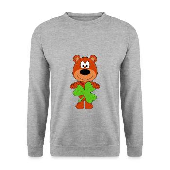 TEDDY - BÄR - TEDDYBÄR - KLEE - KLEEBLATT - Unisex Pullover - Weißgrau meliert - Vorne - Alina (178cm) & Michal (187cm)