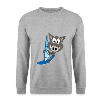 WINDSURFER - WILDSCHWEIN - WASSERSPORT - TIERISCH - Unisex Pullover - Weißgrau meliert - Vorne - Alina (178cm) & Michal (187cm)
