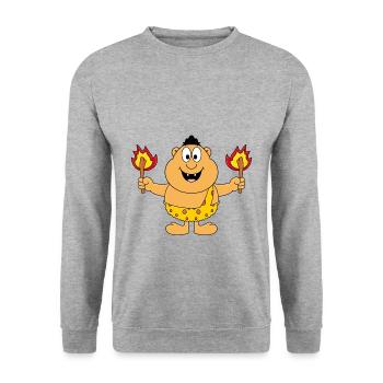 FEUER - STEINZEITMENSCH - MANN - GRILLEN - MENSCH - Unisex Pullover - Weißgrau meliert - Vorne - Alina (178cm) & Michal (187cm)