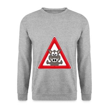 ACHTUNG WILDSCHWEIN - VERKEHRSSCHILD - AUTO - TIER - Unisex Pullover - Weißgrau meliert - Vorne - Alina (178cm) & Michal (187cm)