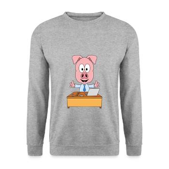 SCHWEIN - ARBEIT - BÜRO - SCHREIBTISCH - BERUF - Unisex Pullover - Weißgrau meliert - Vorne - Alina (178cm) & Michal (187cm)