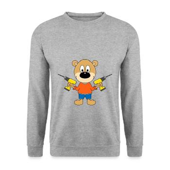TEDDY - BÄR - HEIMWERKER - HANDWERKER - BOHRER - Unisex Pullover - Weißgrau meliert - Vorne - Alina (178cm) & Michal (187cm)