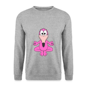 FLAMINGO - YOGA - TIER - VOGEL - TIERISCH - FUN - Unisex Pullover - Weißgrau meliert - Vorne - Alina (178cm) & Michal (187cm)