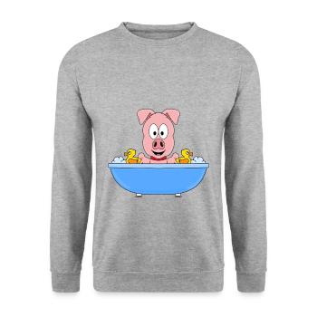 SCHWEIN - BADEWANNE - TIER - KIND - BABY - FUN - Unisex Pullover - Weißgrau meliert - Vorne - Alina (178cm) & Michal (187cm)
