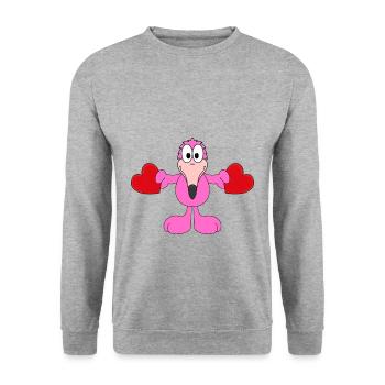 FLAMINGO - LIEBE - LOVE - VOGEL - TIER - BABY - Unisex Pullover - Weißgrau meliert - Vorne - Alina (178cm) & Michal (187cm)