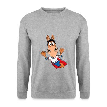 PFERD - PONY - SUPERHELD - TIER - KIND - BABY - Unisex Pullover - Weißgrau meliert - Vorne - Alina (178cm) & Michal (187cm)