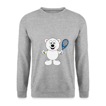 TENNIS - TEDDYBÄR - SPORT - TIER - KIND - BABY - Unisex Pullover - Weißgrau meliert - Vorne - Alina (178cm) & Michal (187cm)