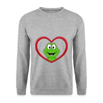 LIEBE - LOVE - FROSCH - TIER - KIND - BABY - FUN - Unisex Pullover - Weißgrau meliert - Vorne - Alina (178cm) & Michal (187cm)