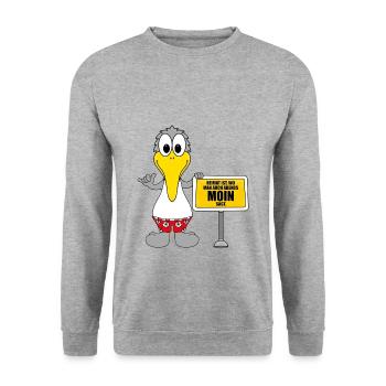 MÖWE - HEIMAT IST, WO MAN AUCH ABENDS MOIN SAGT. - Unisex Pullover - Weißgrau meliert - Vorne - Alina (178cm) & Michal (187cm)