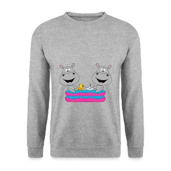 PLANSCHBECKEN - POOL - SOMMER - NILPFERDE - HIPPOS - Unisex Pullover - Weißgrau meliert - Vorne - Alina (178cm) & Michal (187cm)
