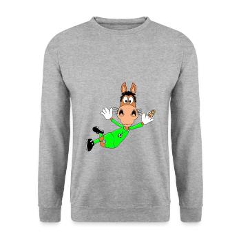 PFERD - PONY - TORWART - FUßBALL - FLIEGENFÄNGER - Unisex Pullover - Weißgrau meliert - Vorne - Alina (178cm) & Michal (187cm)