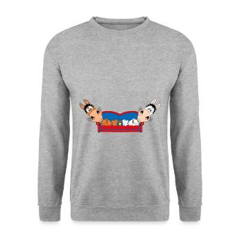 PFERD - PONYS - SOFA - PAUSE - RELAXEN - CHILLEN - Unisex Pullover - Weißgrau meliert - Vorne - Alina (178cm) & Michal (187cm)