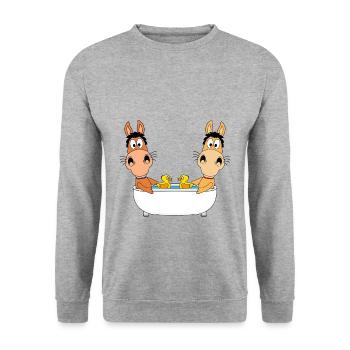 PONYS - PFERDE - BADEWANNE - TIERE - TIERISCH - Unisex Pullover - Weißgrau meliert - Vorne - Alina (178cm) & Michal (187cm)