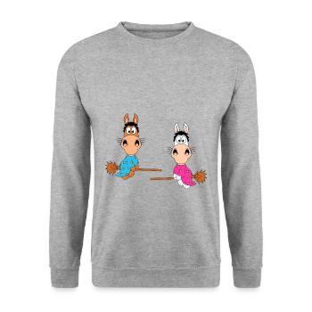 PFERDE - PONYS - HEXEN - HALLOWEEN - LIEBE - LOVE - Unisex Pullover - Weißgrau meliert - Vorne - Alina (178cm) & Michal (187cm)