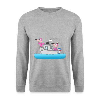 FLAMINGOS - BOOT - SCHIFF - LIEBE - SEEFAHRER - Unisex Pullover - Weißgrau meliert - Vorne - Alina (178cm) & Michal (187cm)