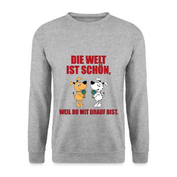 HUNDE - HUND - LIEBE - ERDE - DIE WELT IST SCHÖN.. - Unisex Pullover - Weißgrau meliert - Vorne - Alina (178cm) & Michal (187cm)