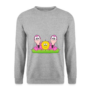 FLAMINGOS - LIEBE - SOMMER - SONNE - SONNENSCHEIN - Unisex Pullover - Weißgrau meliert - Vorne - Alina (178cm) & Michal (187cm)