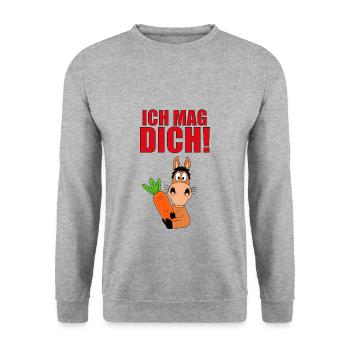 ICH MAG DICH! - MÖHRE - PFERD - PONY - LIEBE - Unisex Pullover - Weißgrau meliert - Vorne - Alina (178cm) & Michal (187cm)